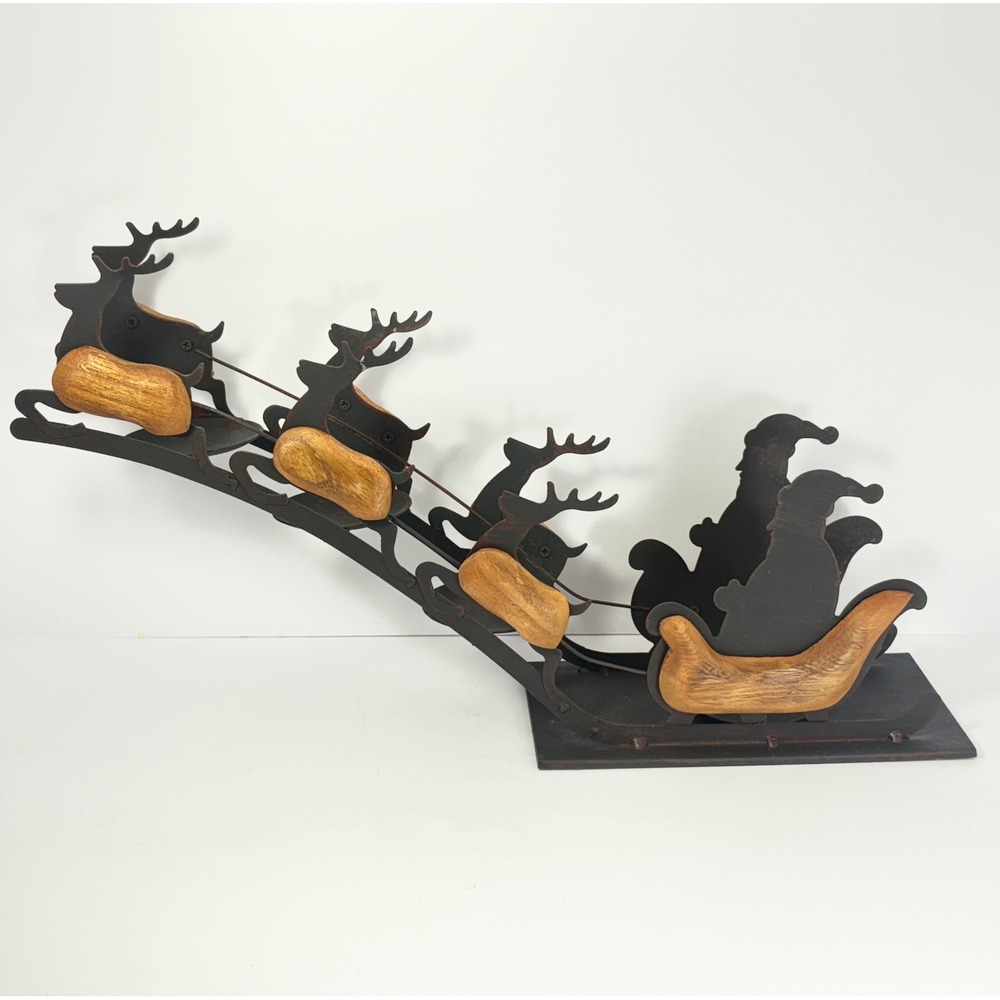 Flying Santa and Reindeer Silhouette Candle Holder Metal and Wood‎